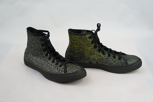 Blinged black leather men's size 10 hightop converse with black and green gradient crystals