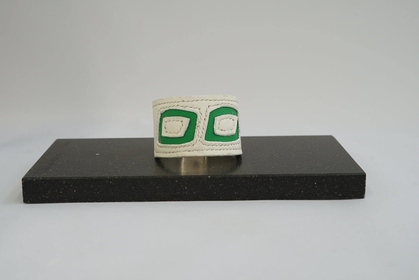 Wide white and green Hand-made leather cuff
