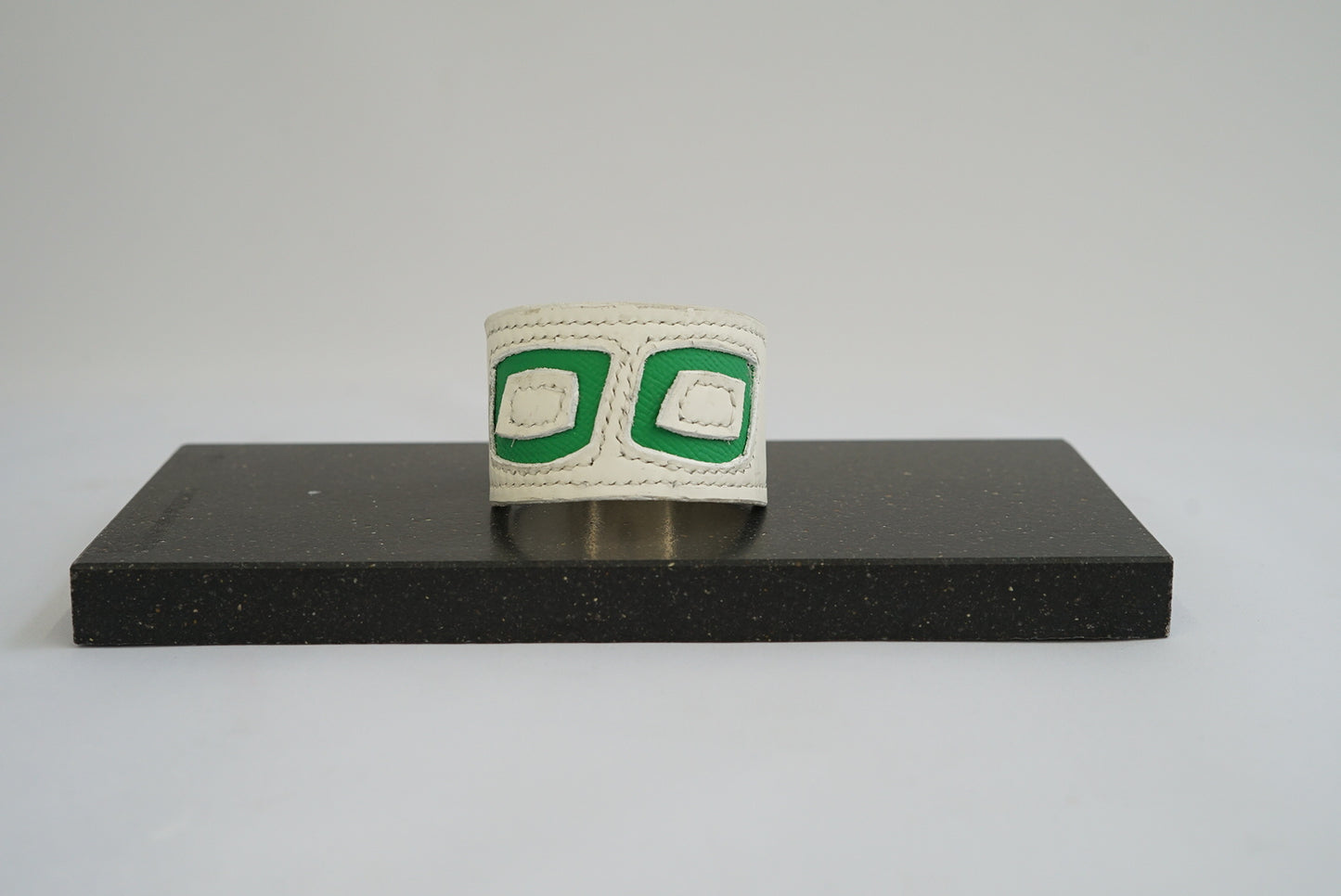 Wide white and green Hand-made leather cuff