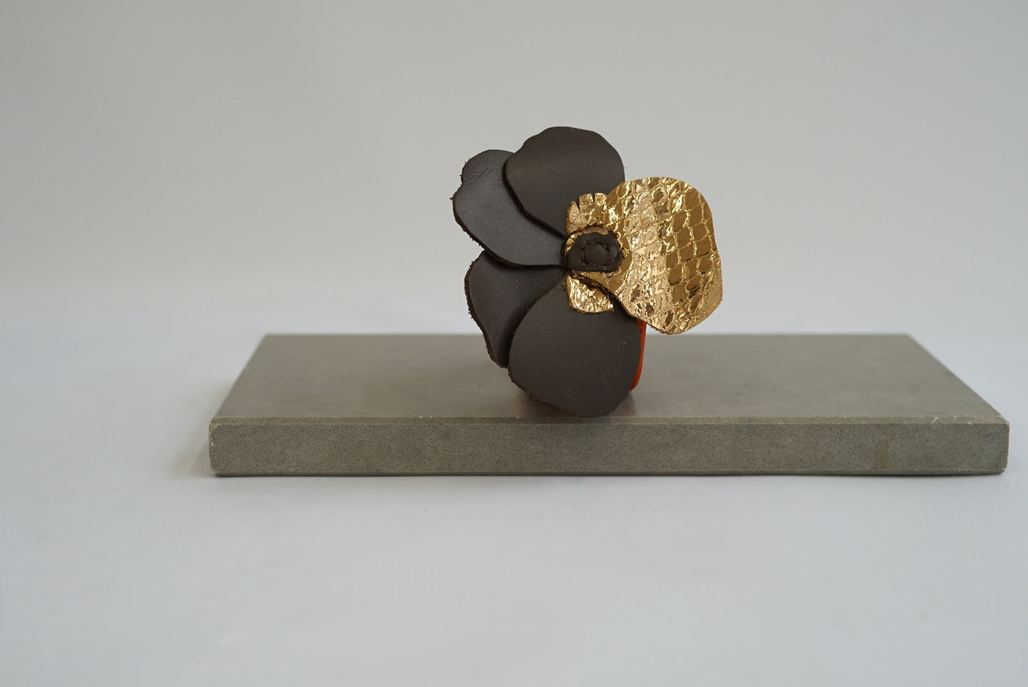 Dark brown and gold leather Pansy flower bracelet