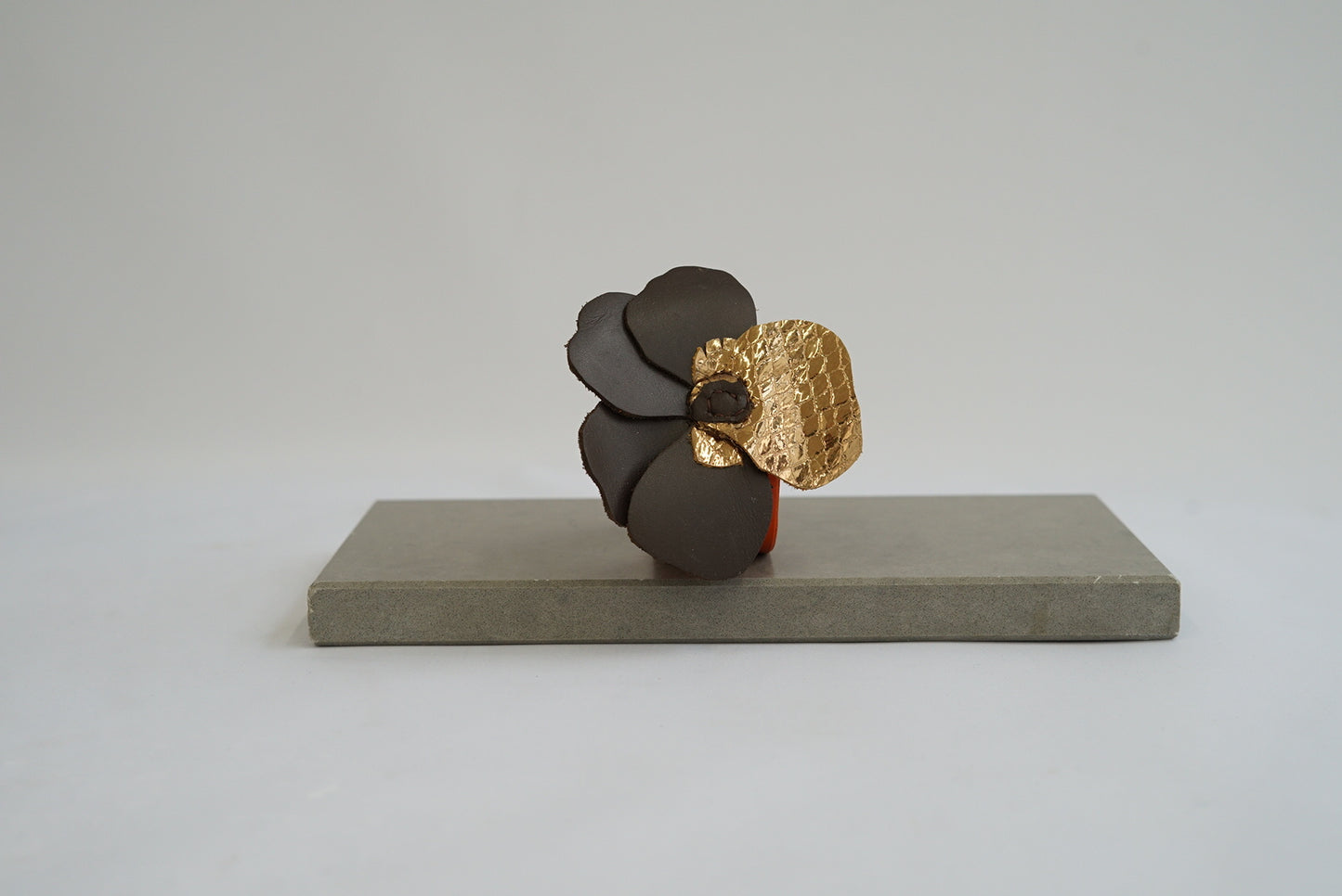 Dark brown and gold leather Pansy flower bracelet