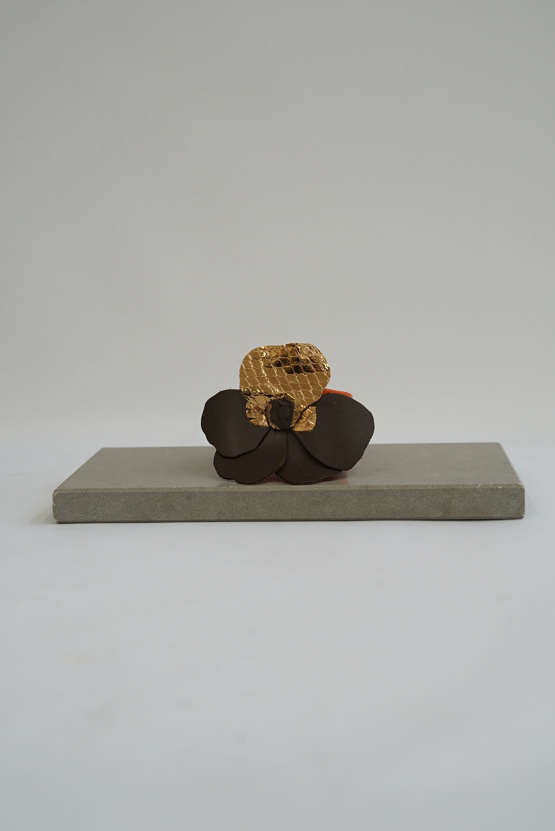 Dark brown and gold leather Pansy flower bracelet