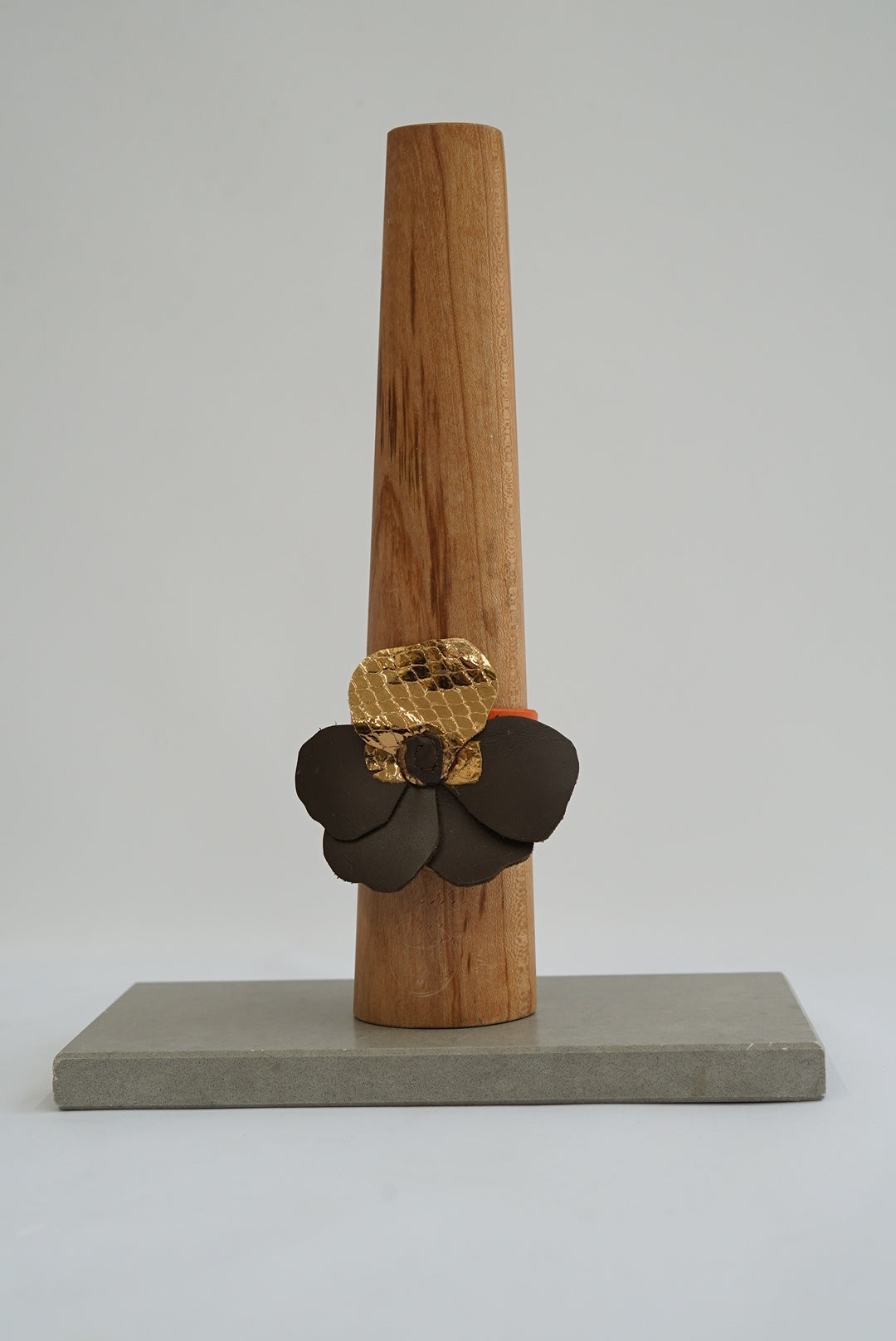 Dark brown and gold leather Pansy flower bracelet