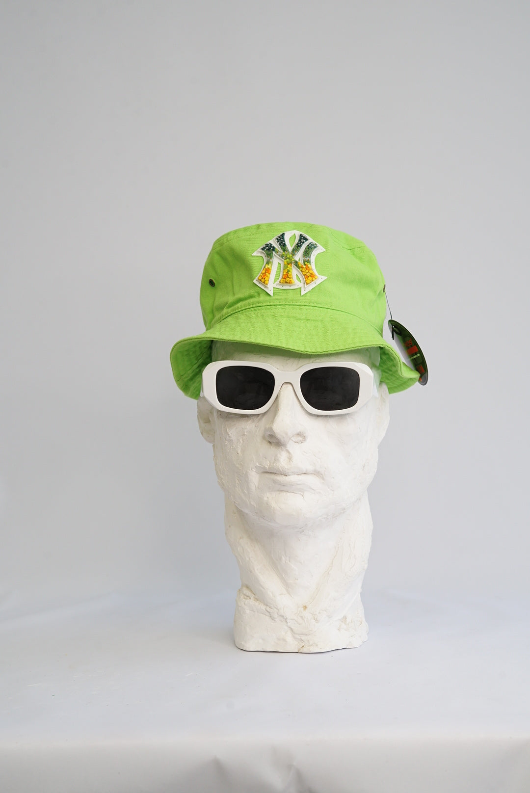 Lime Green Med-Small Bucket hat with Glass Micro Mosaic Yankees insignia