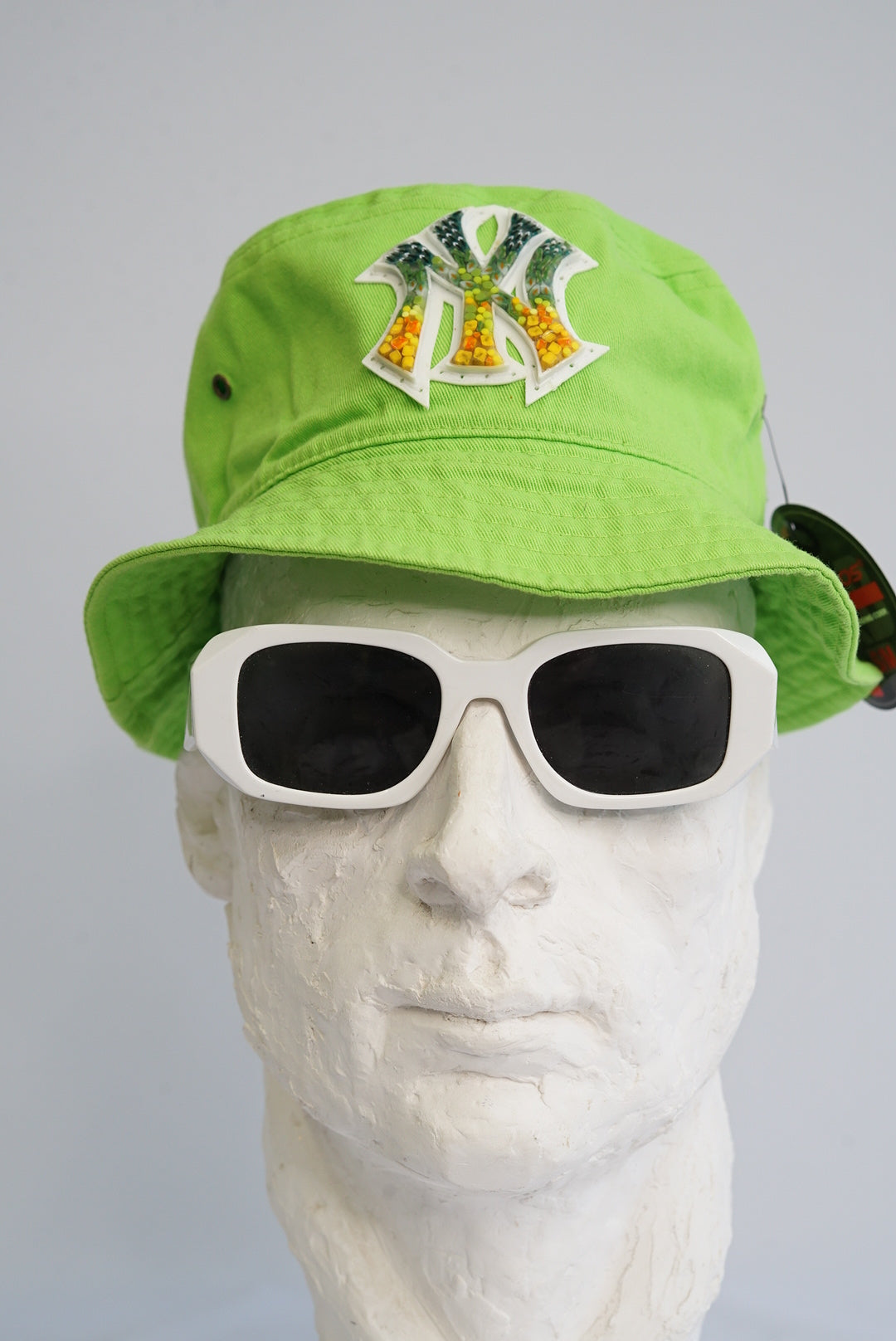 Lime Green Med-Small Bucket hat with Glass Micro Mosaic Yankees insignia