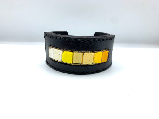 yellow leather men's wide leather cuff with yellow Italian gradient glass