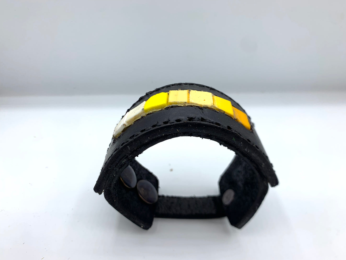 Leather and brass mens cuff bracelet with Italian Smalti Yellow Glass