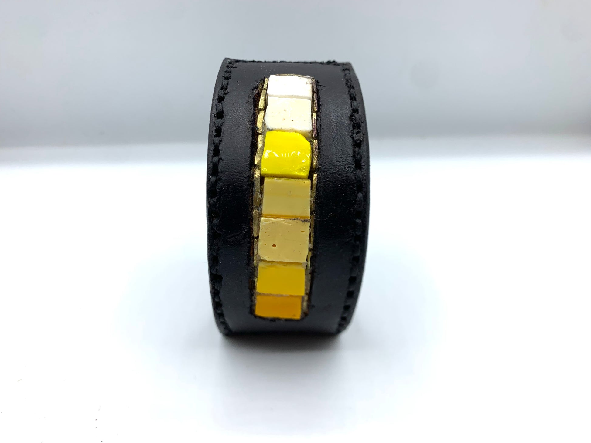 yellow leather men's wide leather cuff with Italian gradient glass