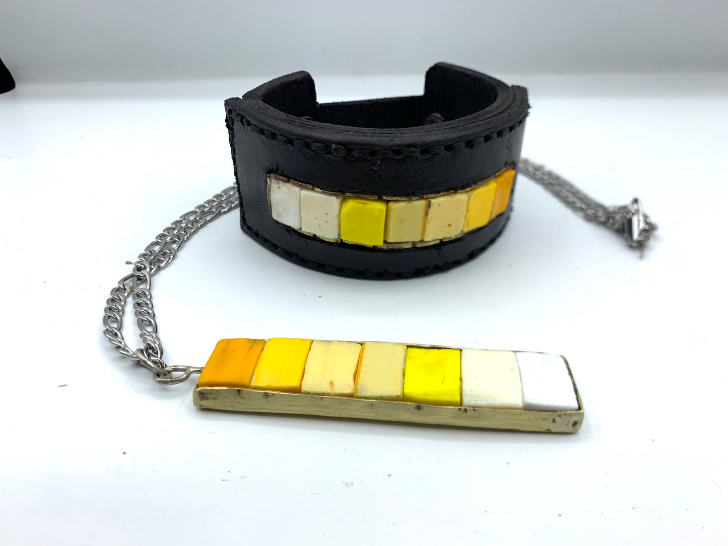 yellow leather men's wide leather cuff with yellow Italian gradient glass