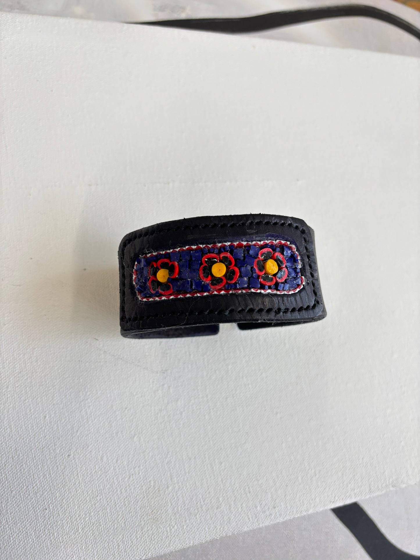 Black Hand stitched glass inlay flower leather cuff