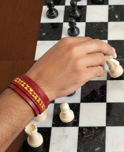 Red leather and inlaid Hand Pulled Glass Cuff