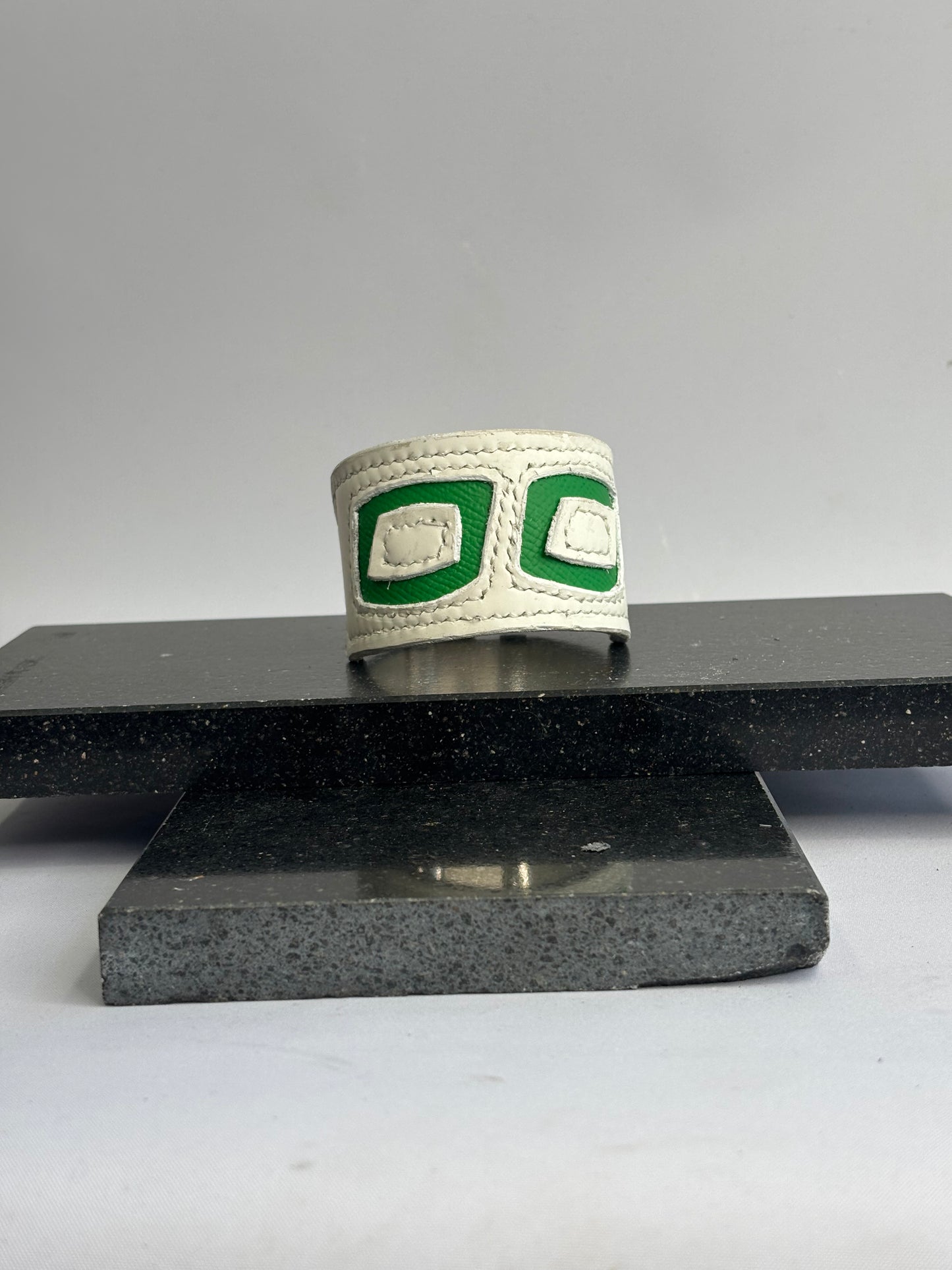 White and Green Geometric Square leather cuff