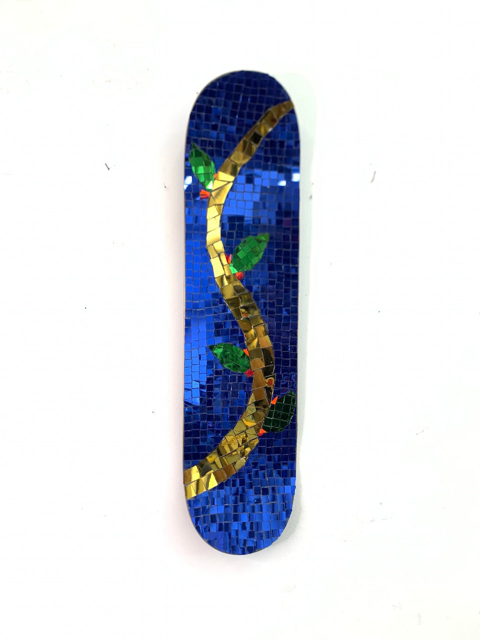 Blue Thai mirror glass skateboard deck depicting spring Edit alt text
