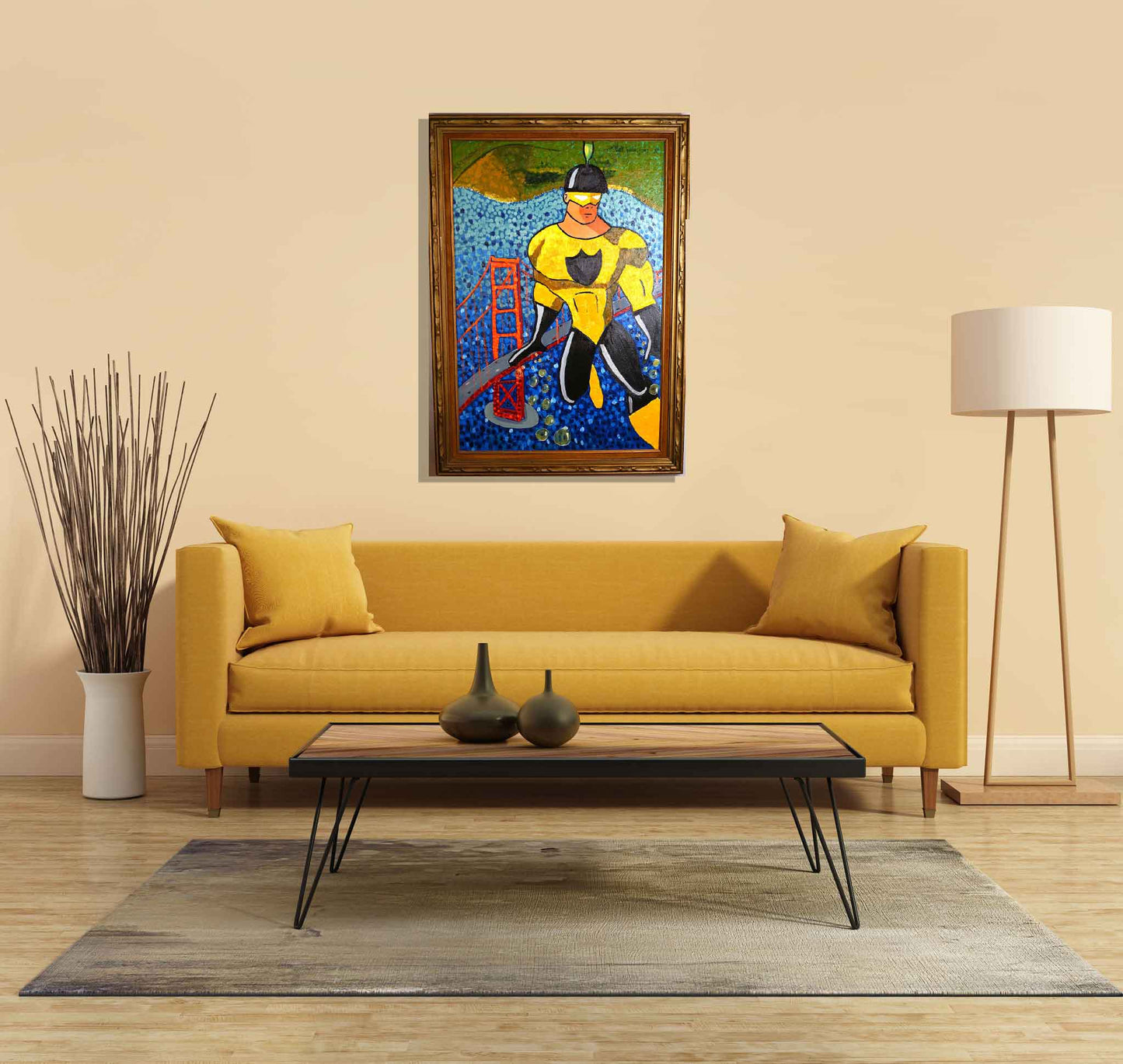 oil painting of champagnolo in a living room with a modern mustard sofa