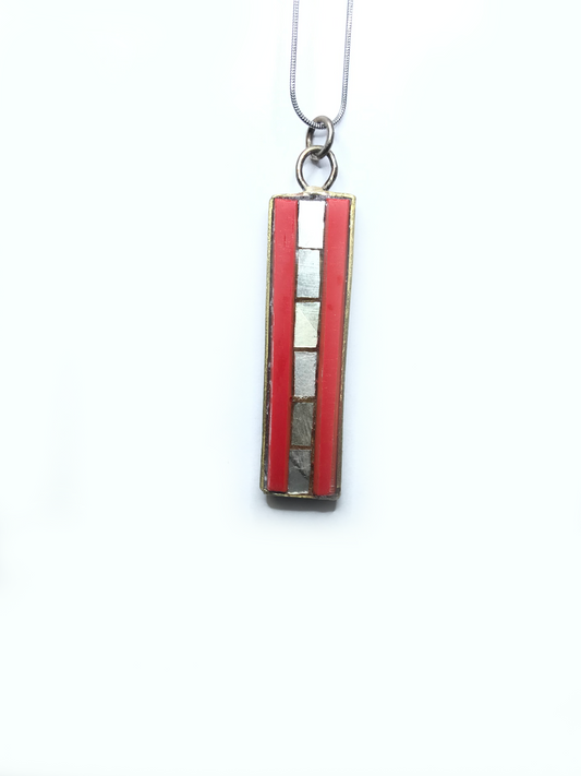 Red and Silver Glass  mosaic pendant in brass bevel setting