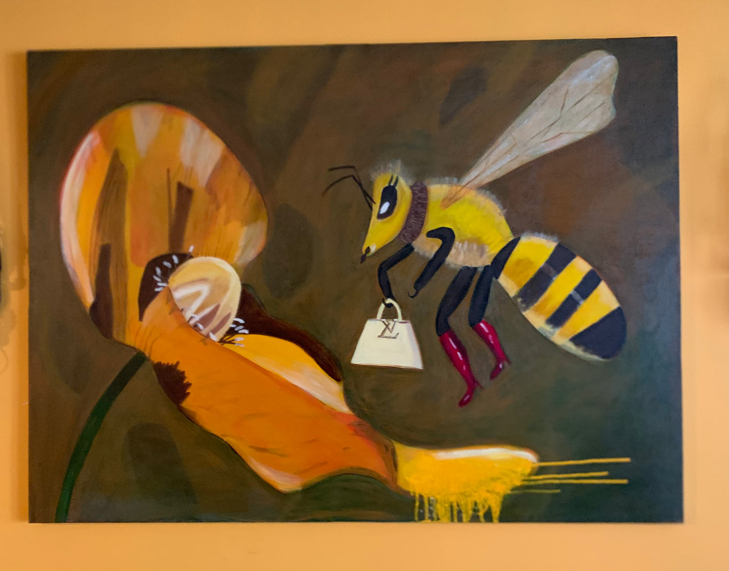 oil painting of bee going to a flower wearing red boots and a louis Vuitton cappuchin bag
