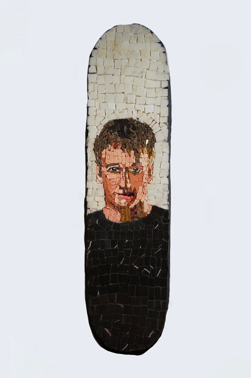skateboard mosaic art of Tony Hawk as an adult with white background