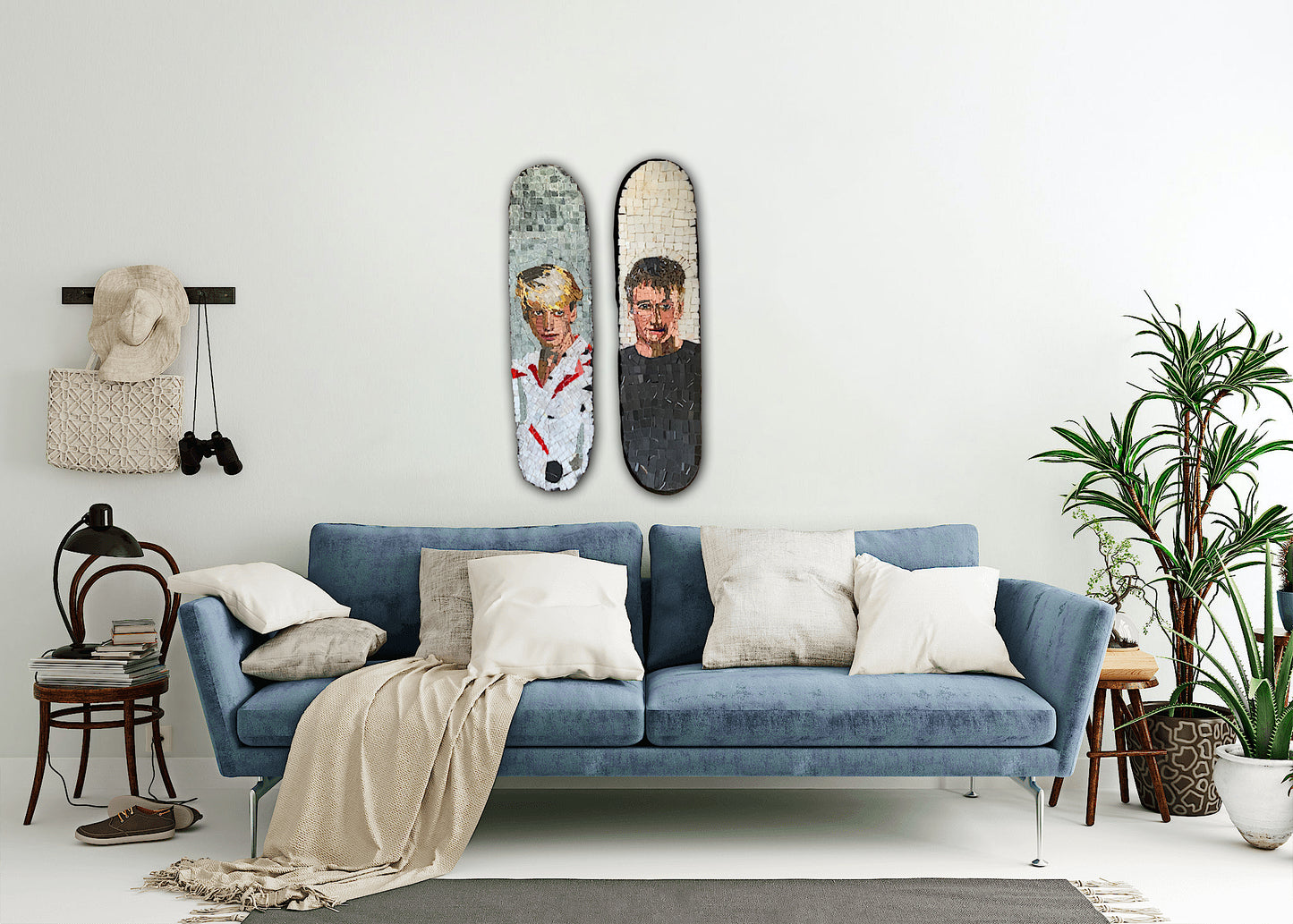 young Tony Hawk and adult Tony hawk mosaics on skateboards in a living room with a blue sofa