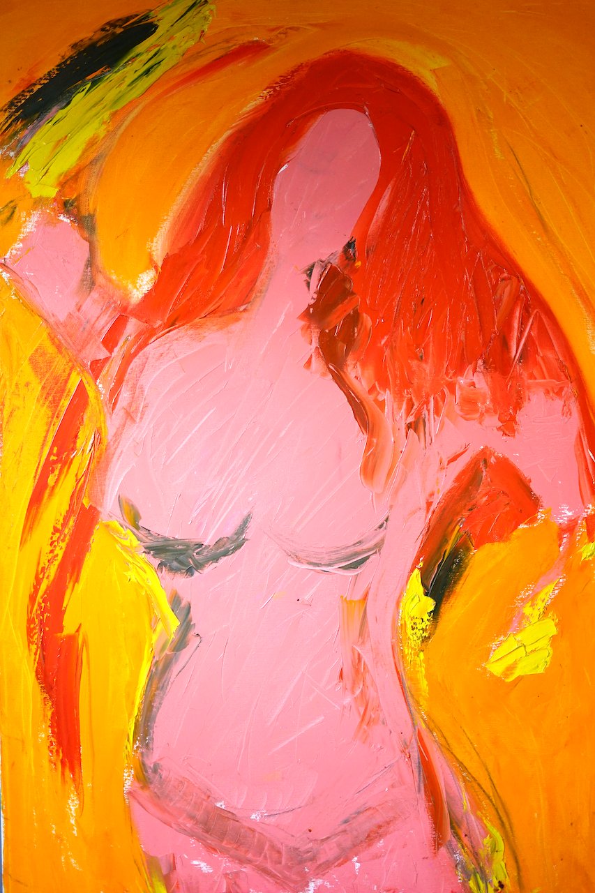 oil painting of a woman in the pose of the madonna from Munch with orange background and red-orange hair