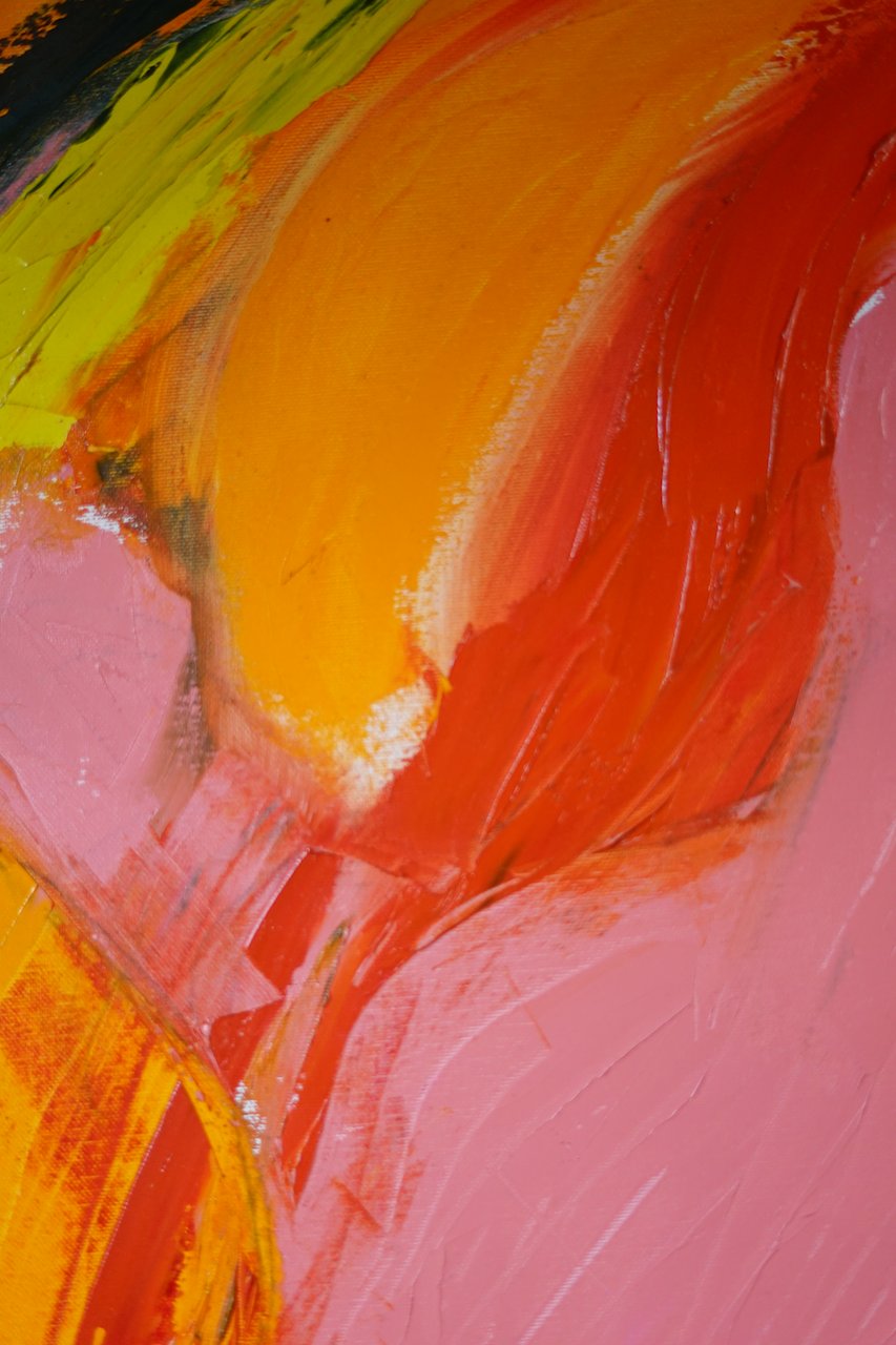 close up of strokes of paint for a painting of a nude woman with orange hair