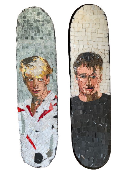 close-up images of skateboard mosaics of Tony Hawk as a senior in high school and as an adult