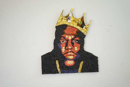 granite mosaic of biggie smalls with gold crown