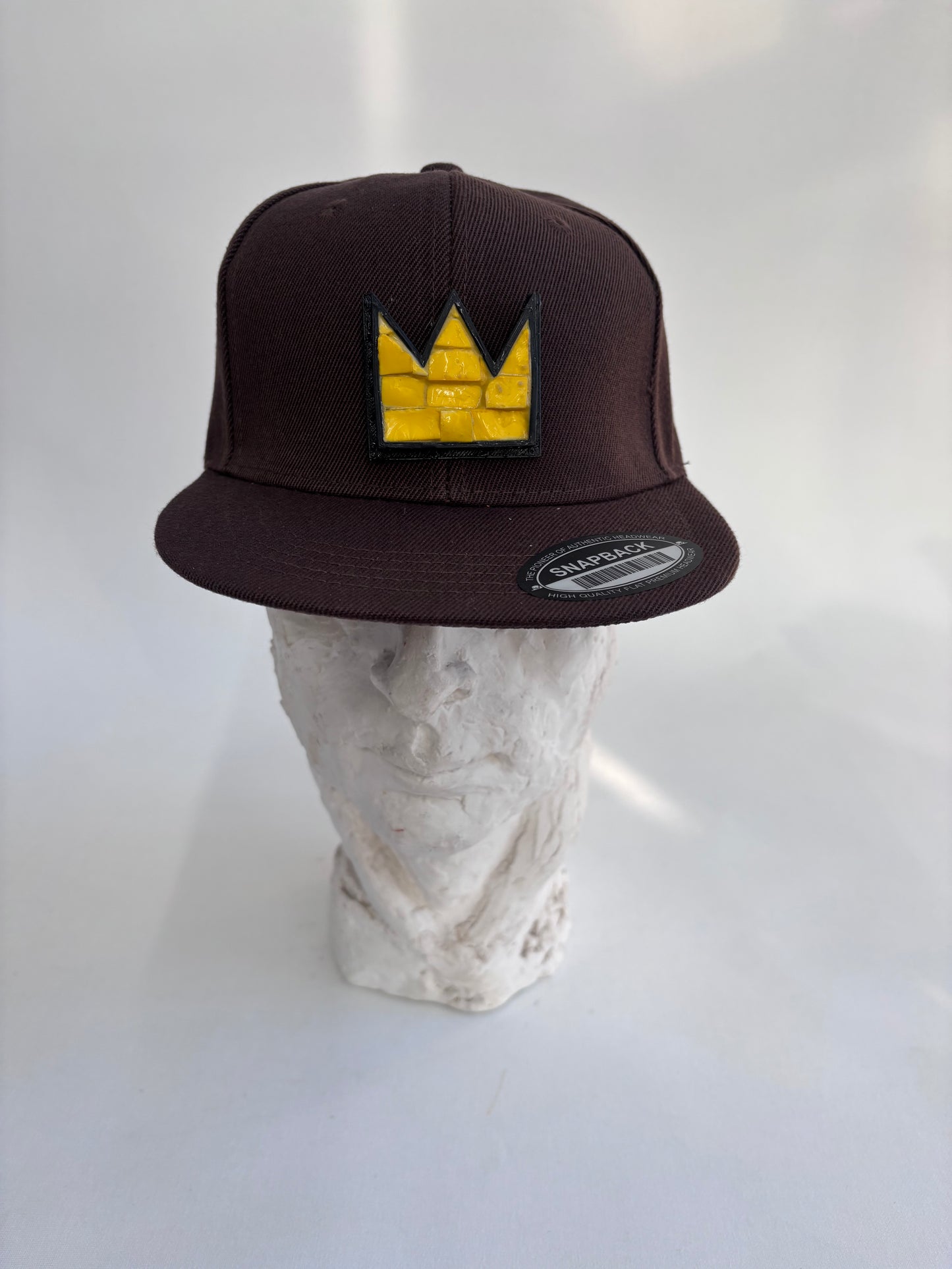 Adjustable  brown  6 panel trucker hat with yellow glass  Mosaic Basquiat crown