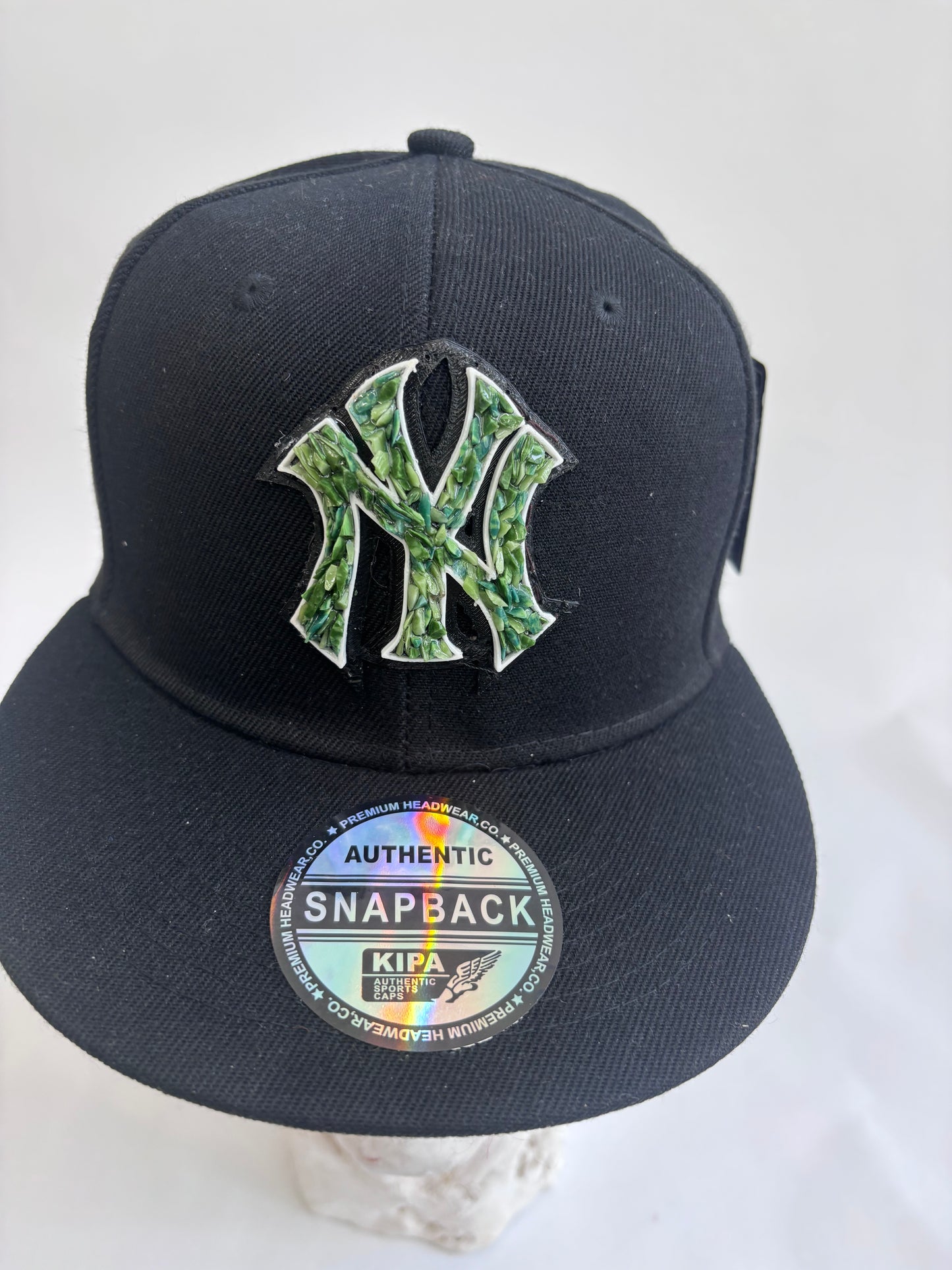 six panel Blue and BLACK  blue baseball cap with GREEN  GLASS SHARDS Yankees  micro mosaic logo