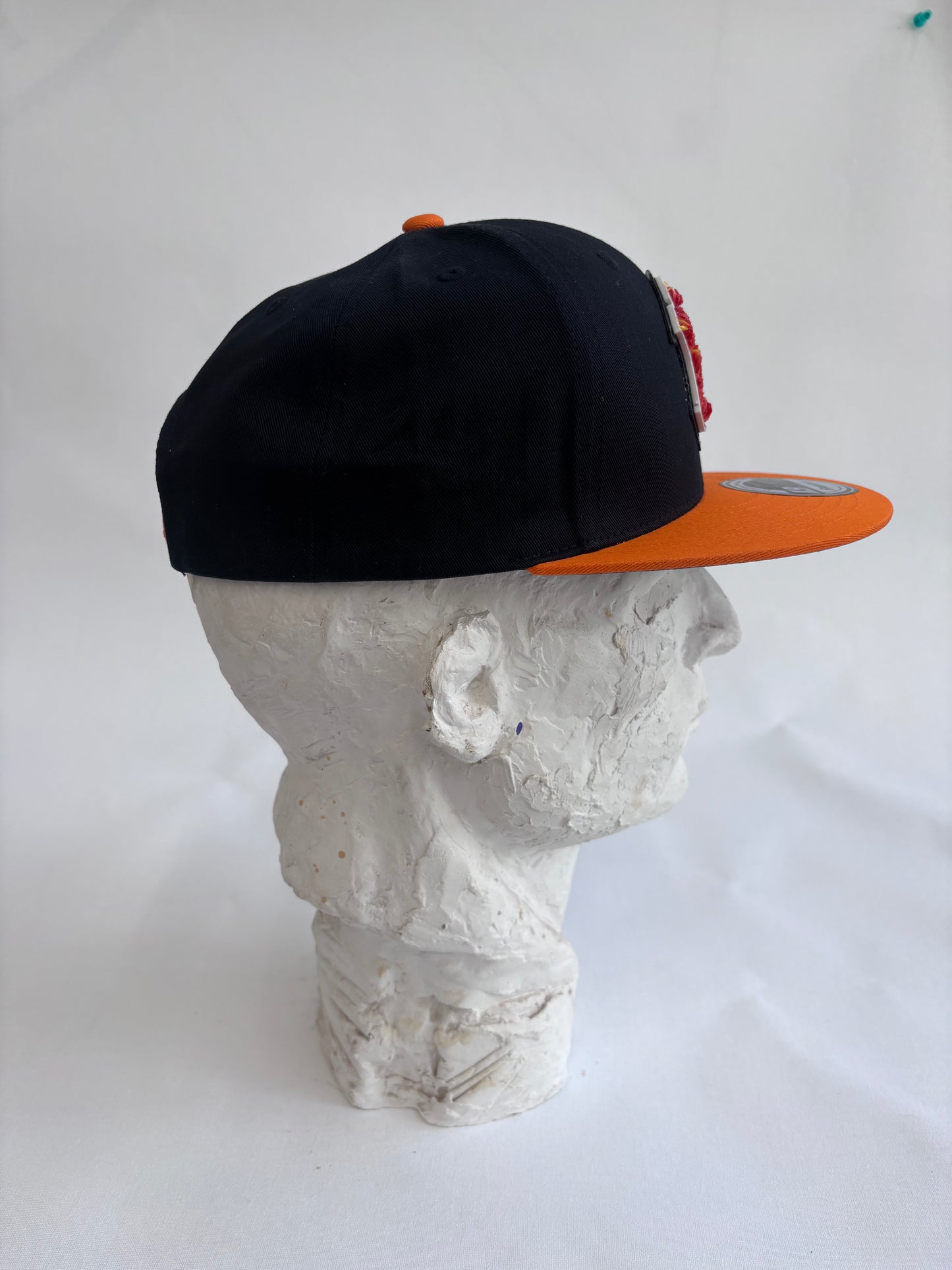 six panel Blue and Black  and Orange  baseball hat with orange glass Yankees  micro mosaic logo