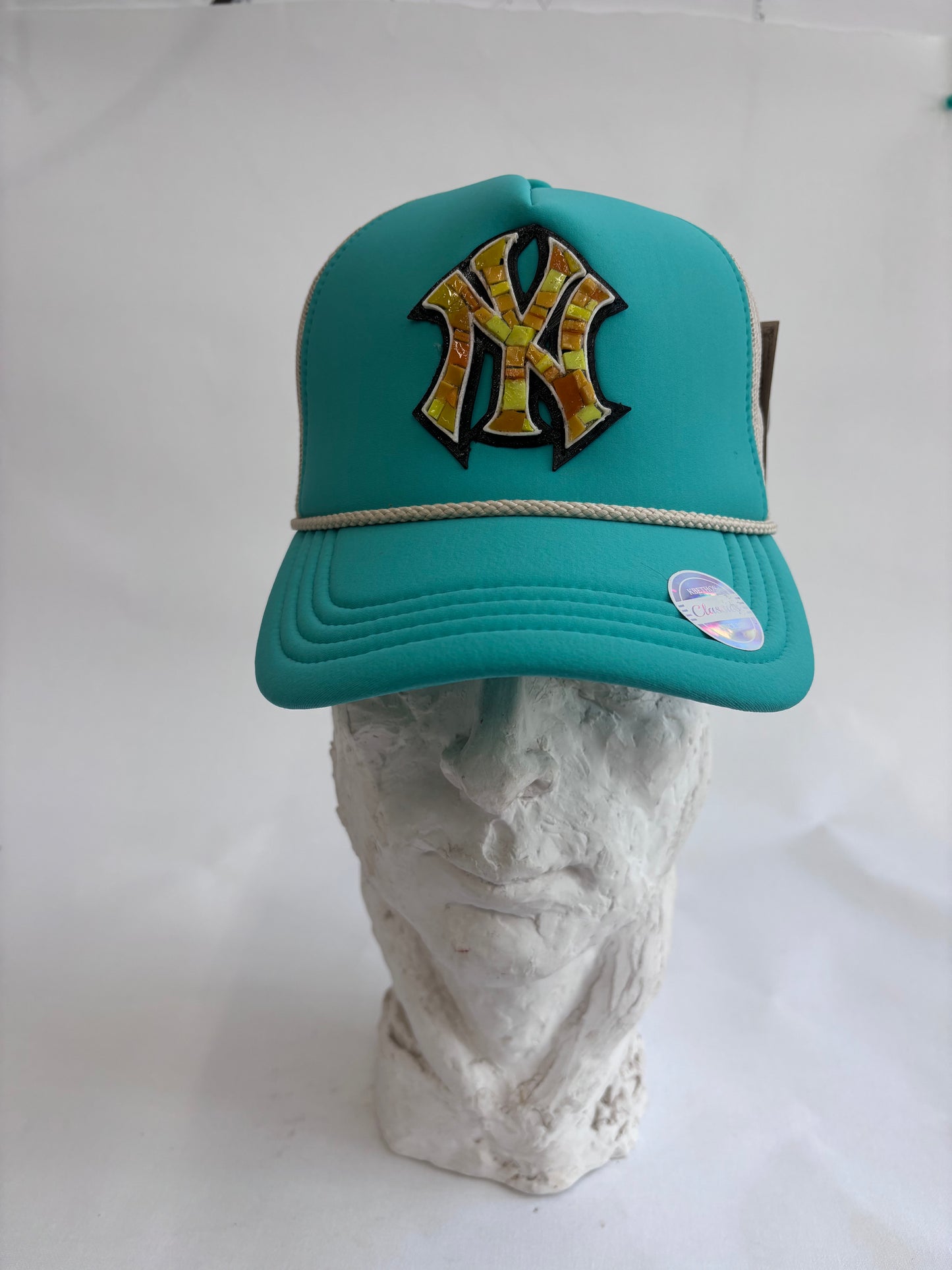 six panel Blue and BEIGE AND TEAL  blue baseball Trucker hat with yellow glass Yankees  micro mosaic logo