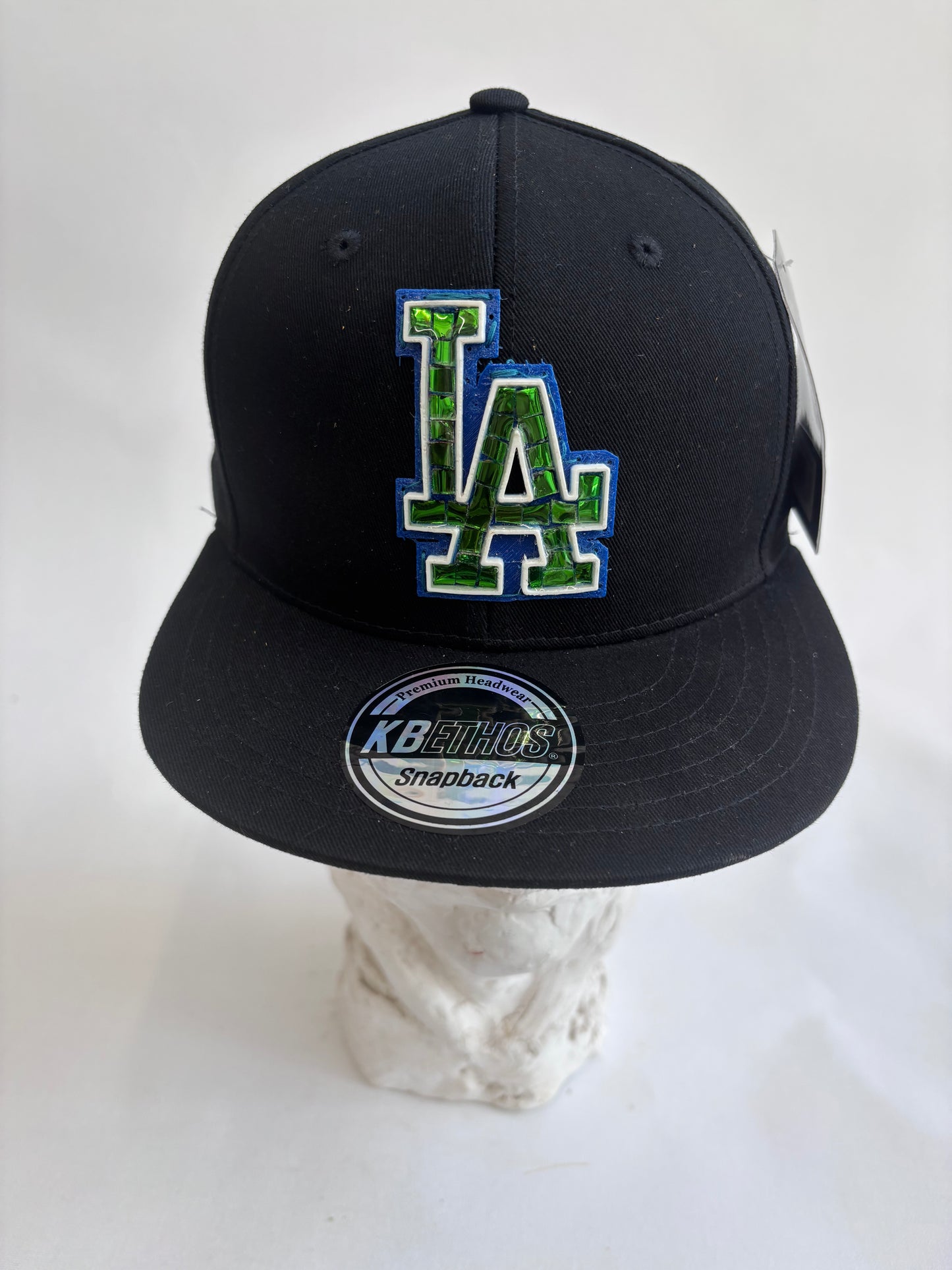 six panel gray baseball cap with Green mirror LA Dogers micro mosaic logo