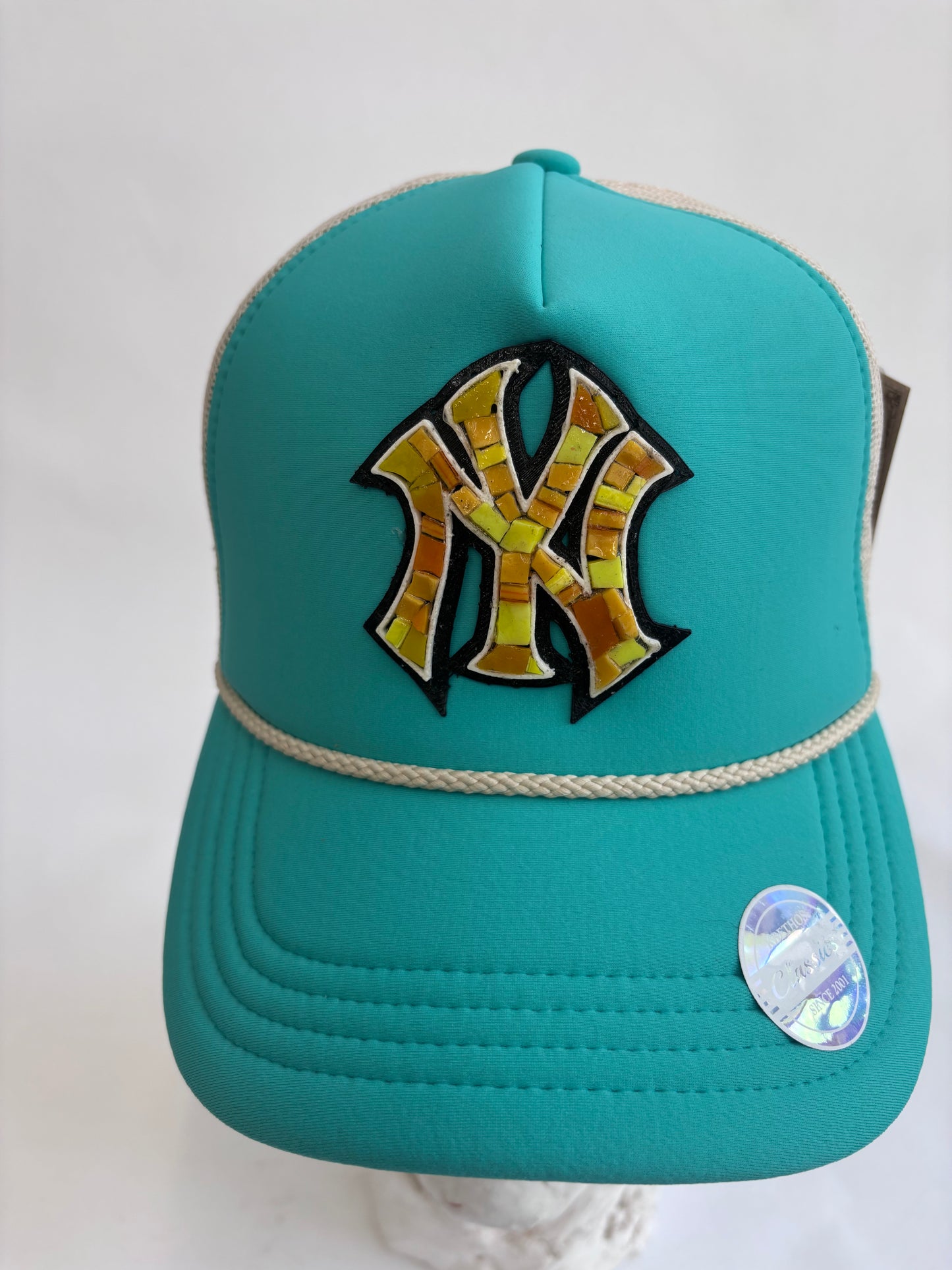 six panel Blue and BEIGE AND TEAL  blue baseball Trucker hat with yellow glass Yankees  micro mosaic logo