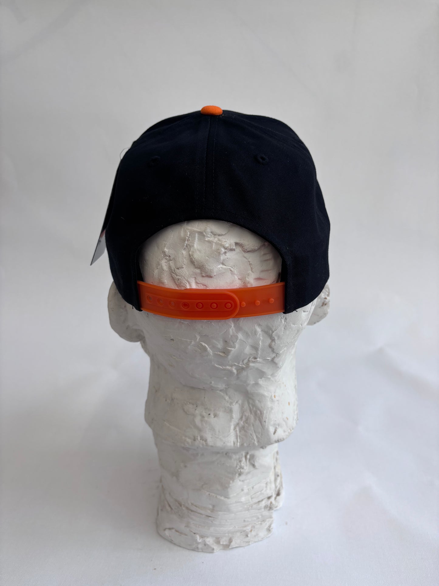 six panel Blue and Black  and Orange  baseball hat with orange glass Yankees  micro mosaic logo