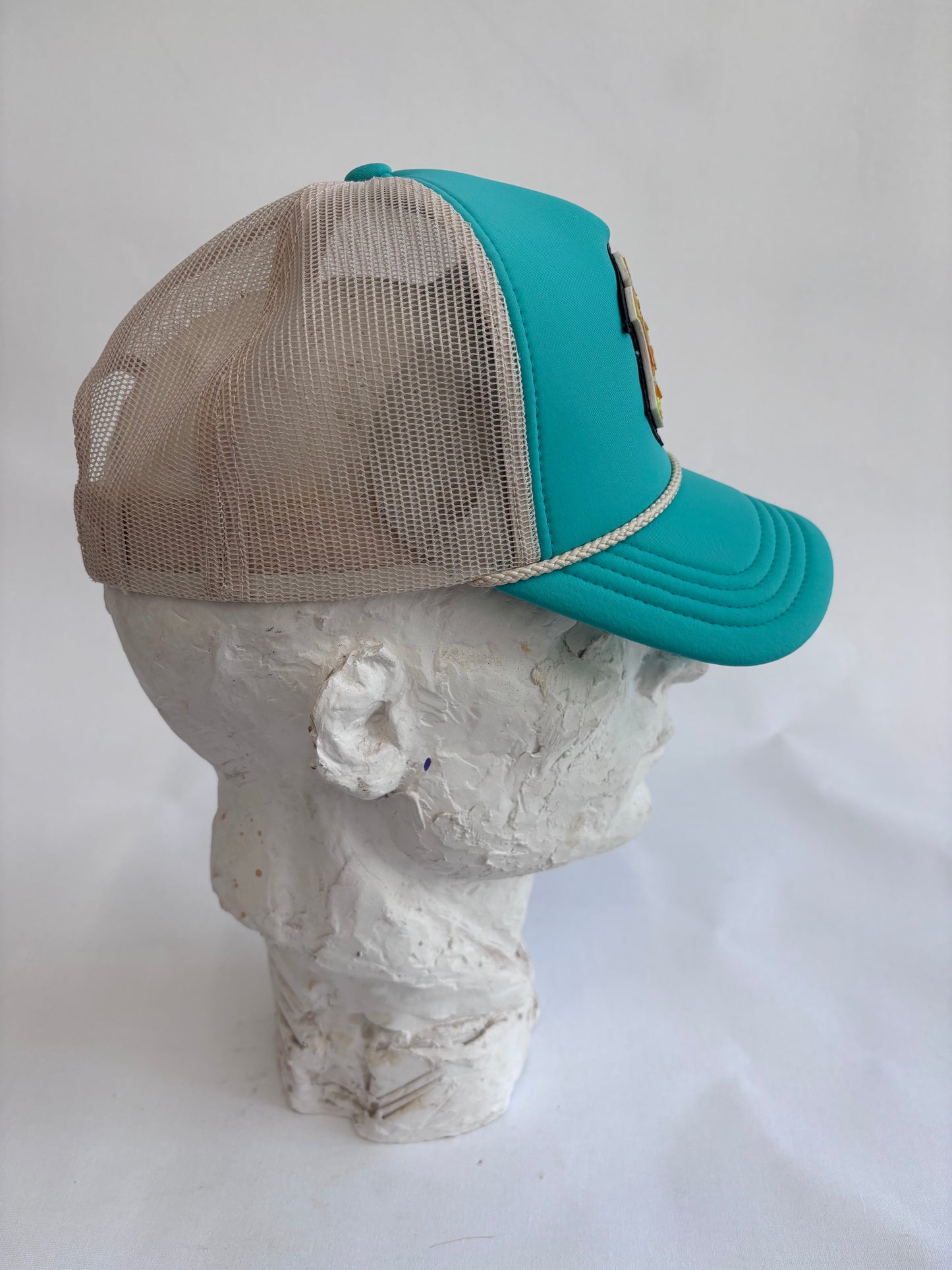 six panel Blue and BEIGE AND TEAL  blue baseball Trucker hat with yellow glass Yankees  micro mosaic logo