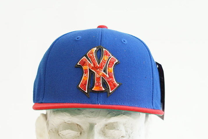 Red and blue Yankees cap with a glass micro mosaic