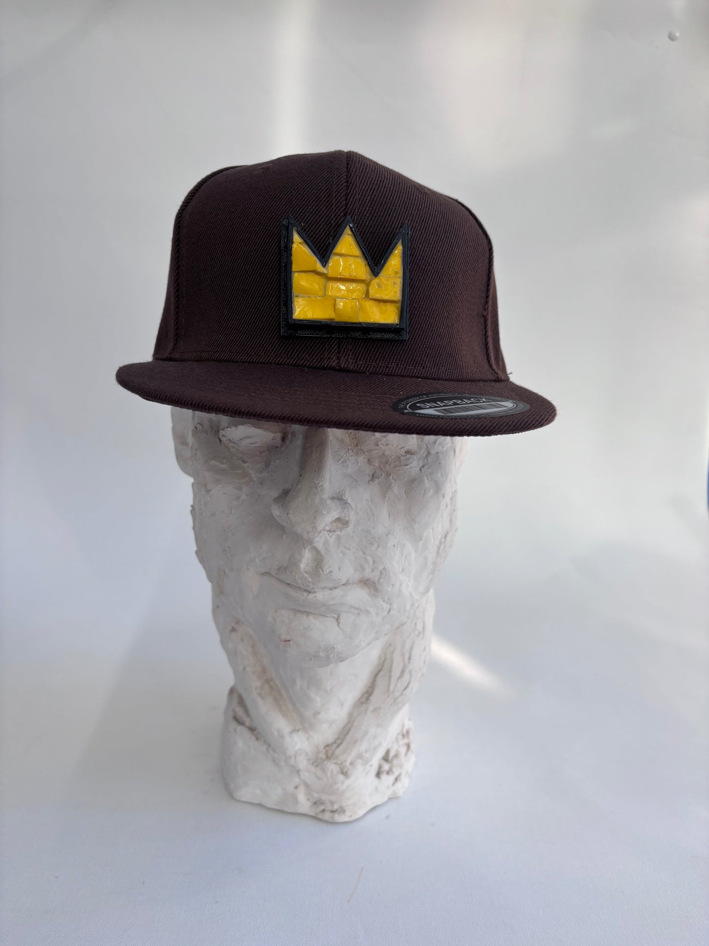Adjustable  brown  6 panel trucker hat with yellow glass  Mosaic Basquiat crown