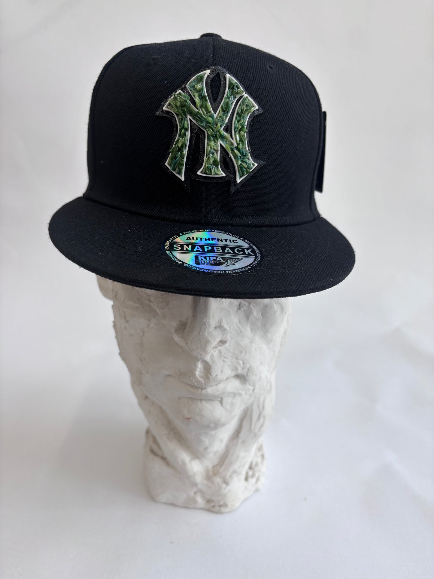 six panel Blue and BLACK  blue baseball cap with GREEN  GLASS SHARDS Yankees  micro mosaic logo