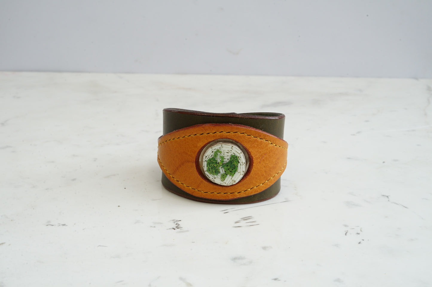 Leather and sterling silver mens cuff bracelet with micro mosaic of a Green Phoenix