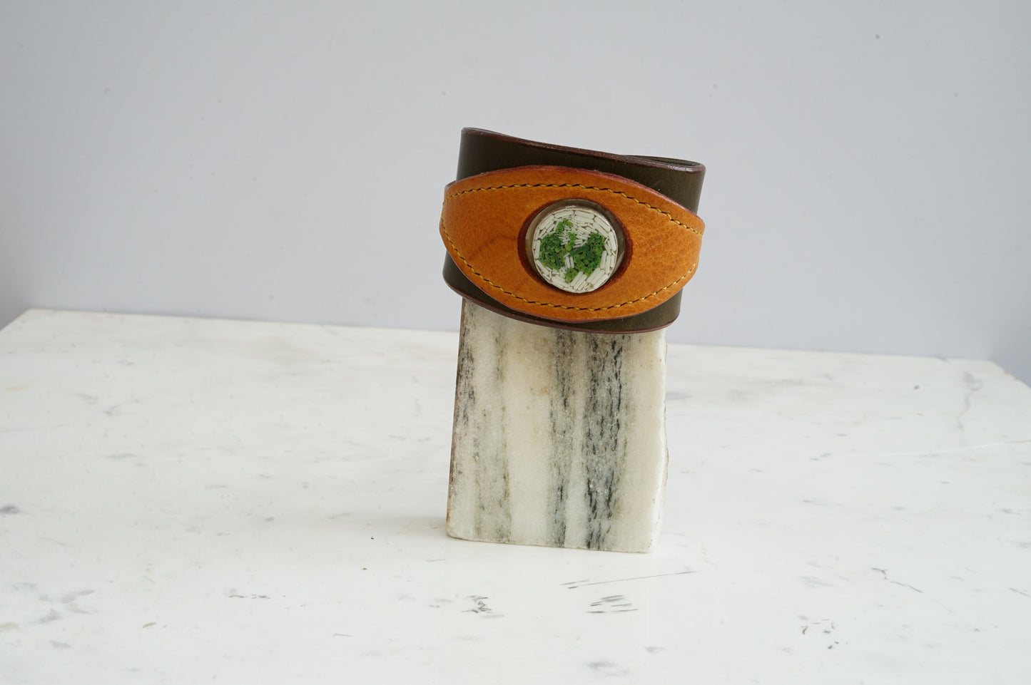 Leather and sterling silver mens cuff bracelet with micro mosaic of a Green Phoenix