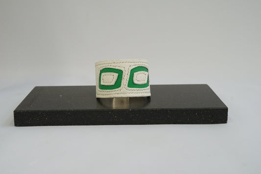 Wide white and green Hand-made leather cuff