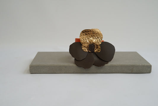 Dark brown and gold leather Pansy flower bracelet