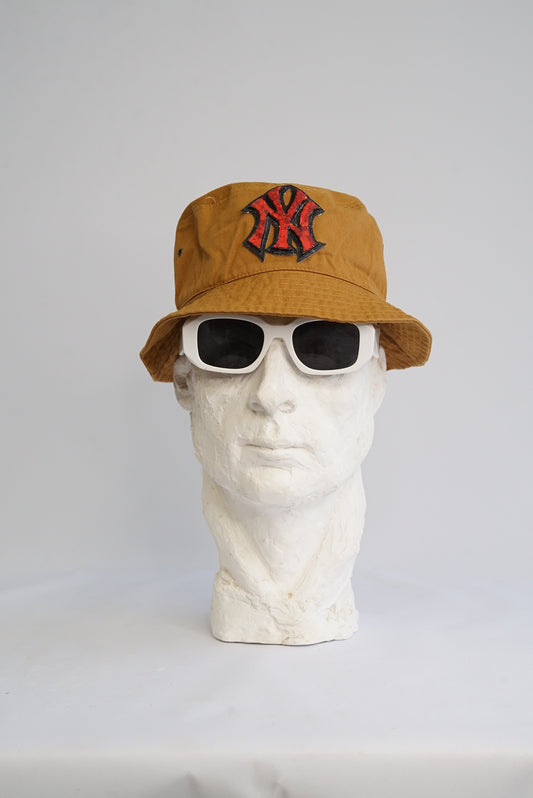 Light Brown Cotton Bucket Hate with red glass Yankees micro Mosaic insignia