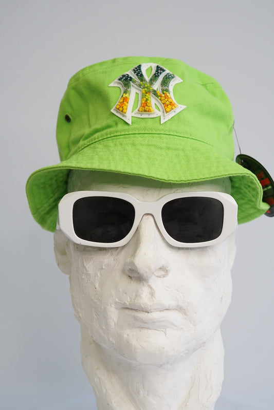 Lime Green Med-Small Bucket hat with Glass Micro Mosaic Yankees insignia