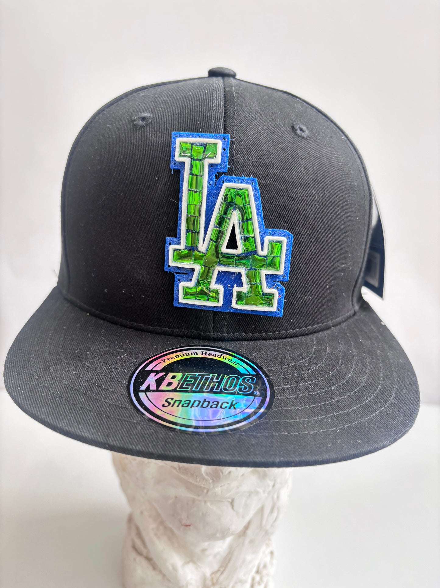 six panel gray baseball cap with Green mirror LA Dogers micro mosaic logo