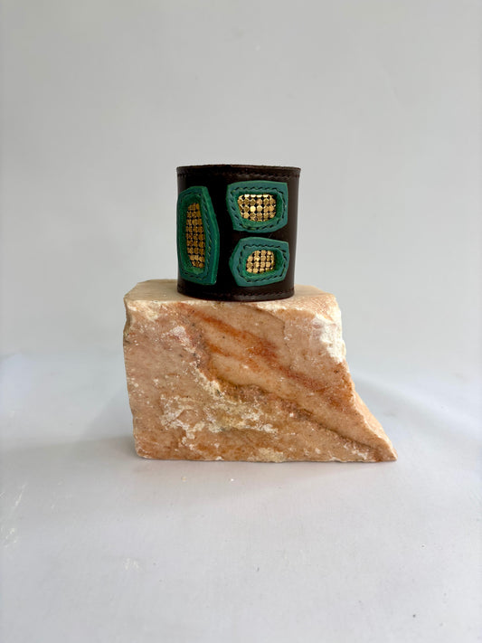Brown and green leather cuff with gold