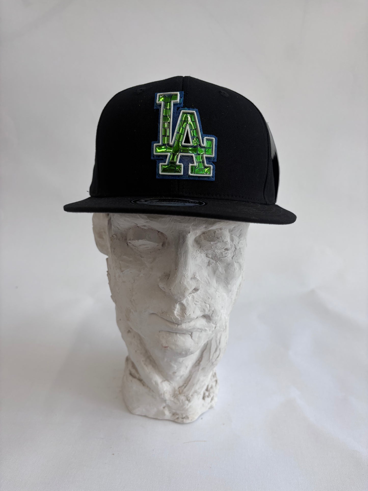 six panel gray baseball cap with Green mirror LA Dogers micro mosaic logo