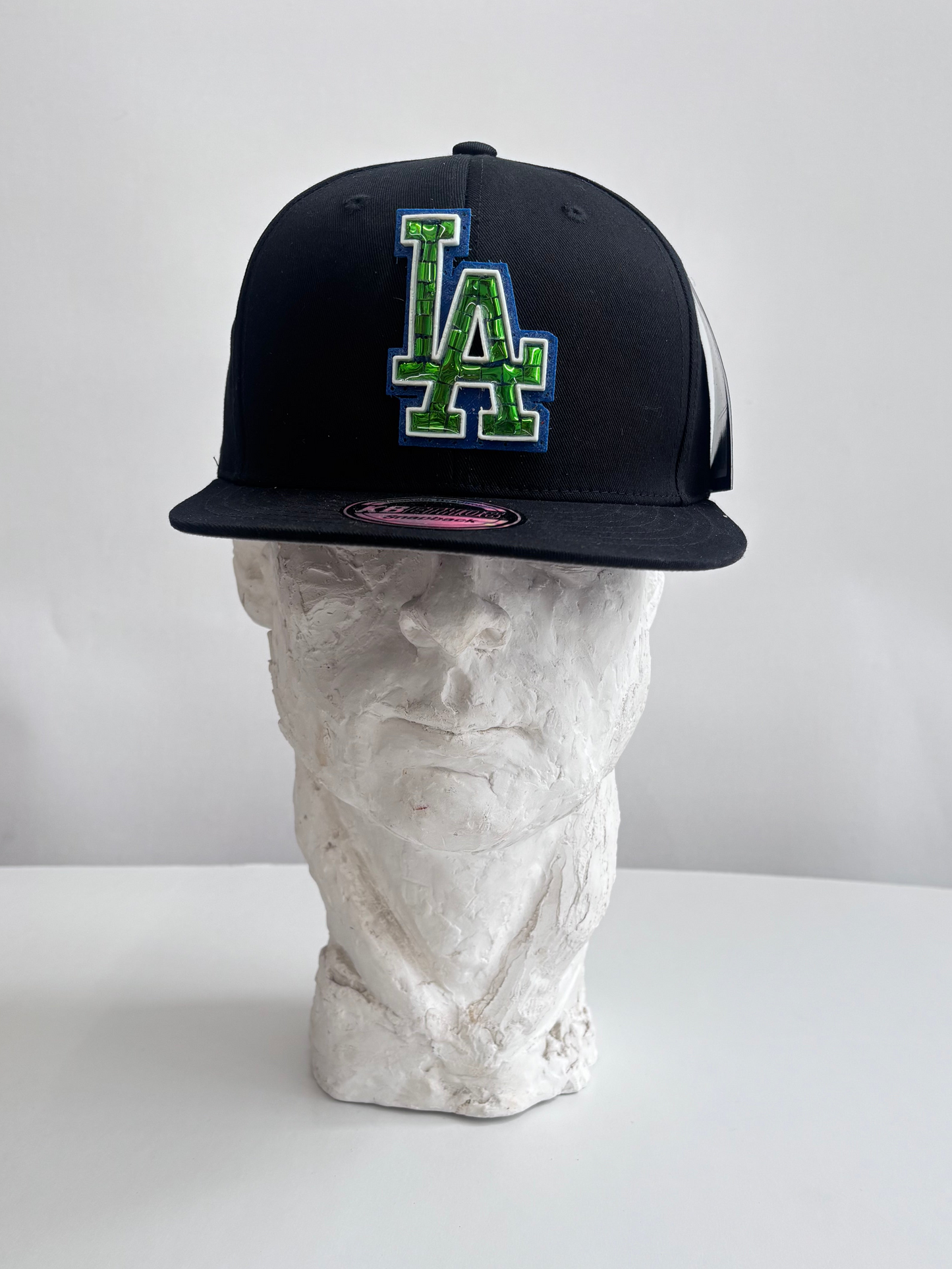 six panel gray baseball cap with Green mirror LA Dogers micro mosaic logo