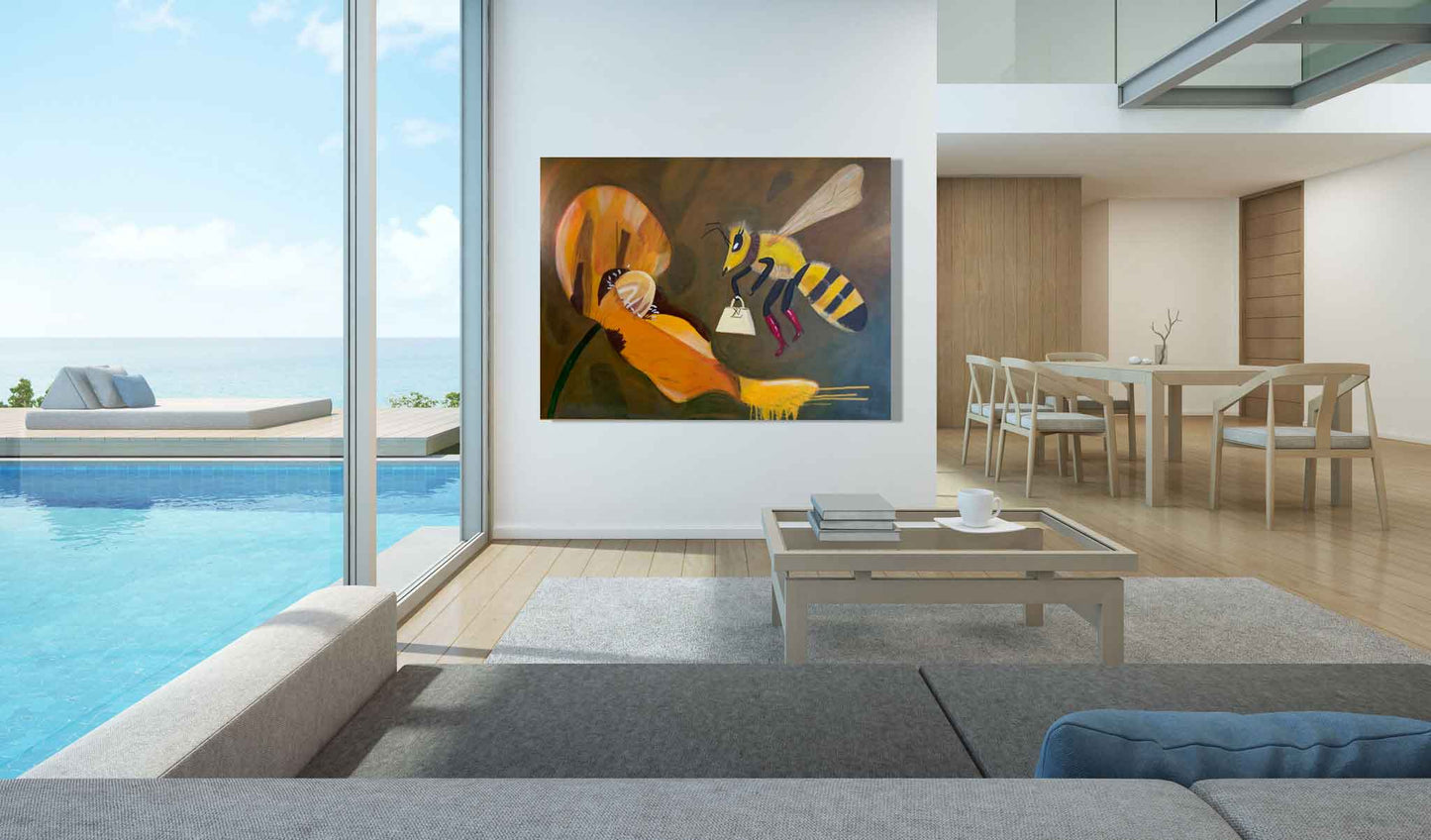 elegant living room near a swimming pool with  an oil painting of a bee going to a flower wearing louis vuitton bag and red boots