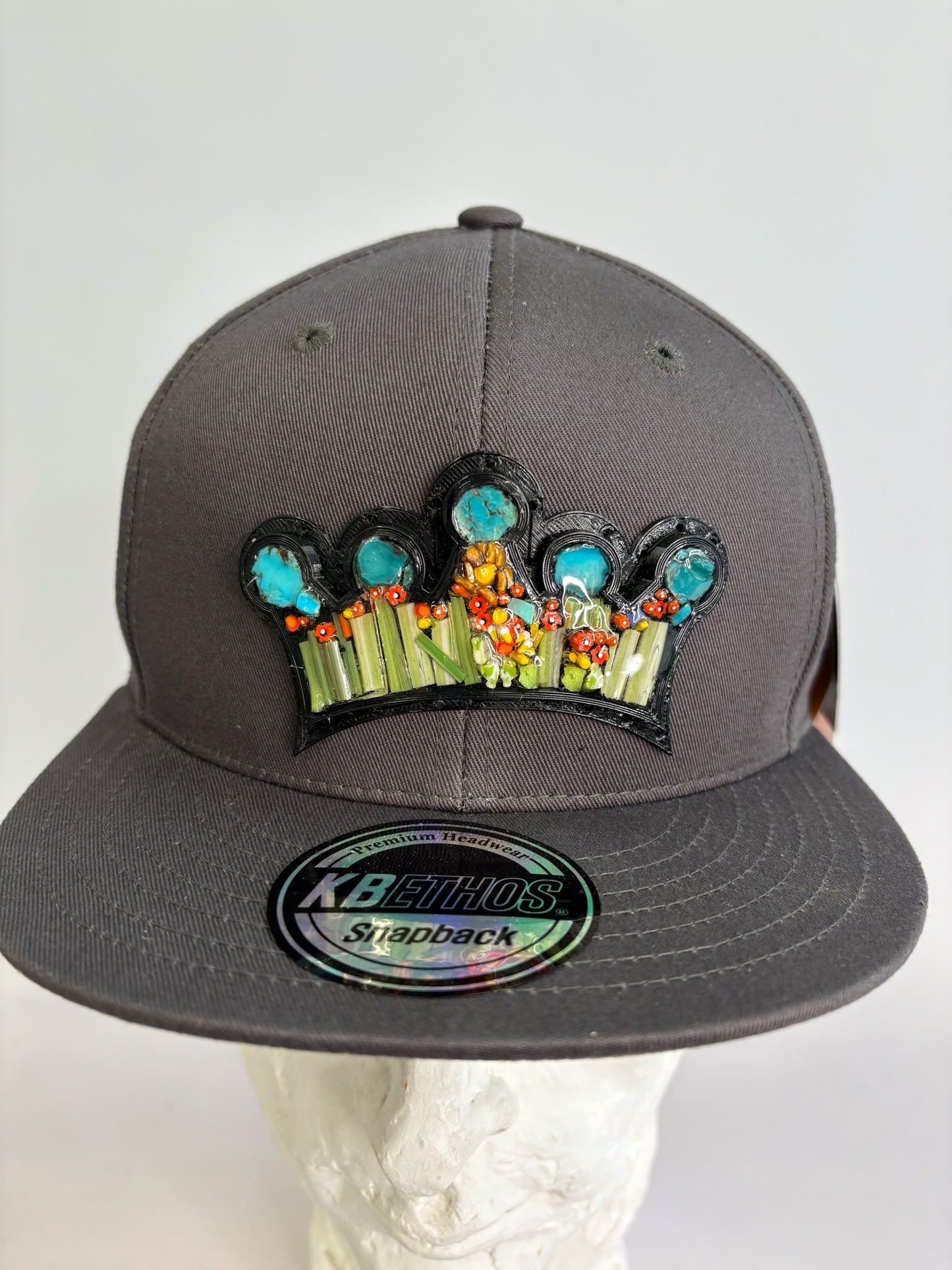 Micro Mosaic Crown Baseball Hat with Millefiori and Turquoise