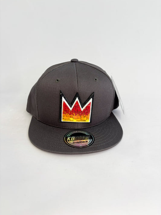 Gray six panel baseball hat with Italian glass mosaic of Basquiat Crown